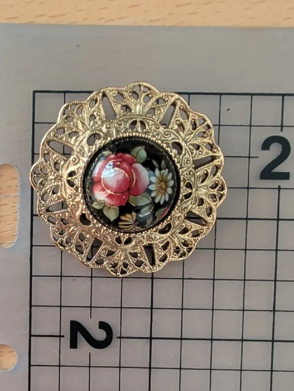 Vintage Gold Tone Filigree Brooch with Pink and White Floral Cabochon